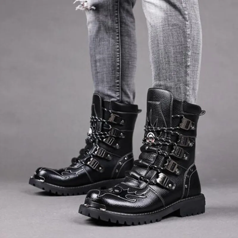 Men Motorcycle Boots Fashion Mid-Calf Punk Rock Punk PU Leather Black High Top Mens Casual Boot Steel Toe Shoes Big Size 38-46 - view 2