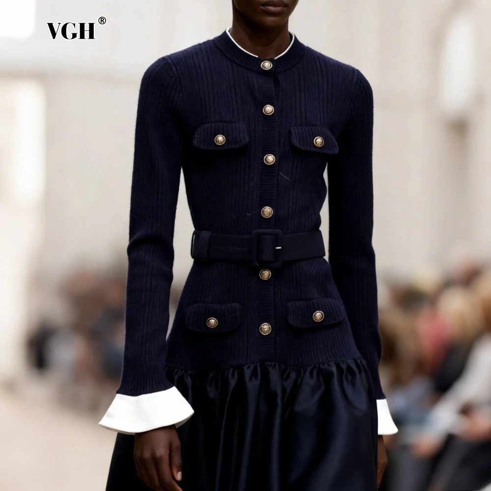 

VGH Retro Patchwork Satin A Line Dress for Women O Neck Flare Sleeves Chic Fashionable Luxurious Slimming Mid Dresses Female New