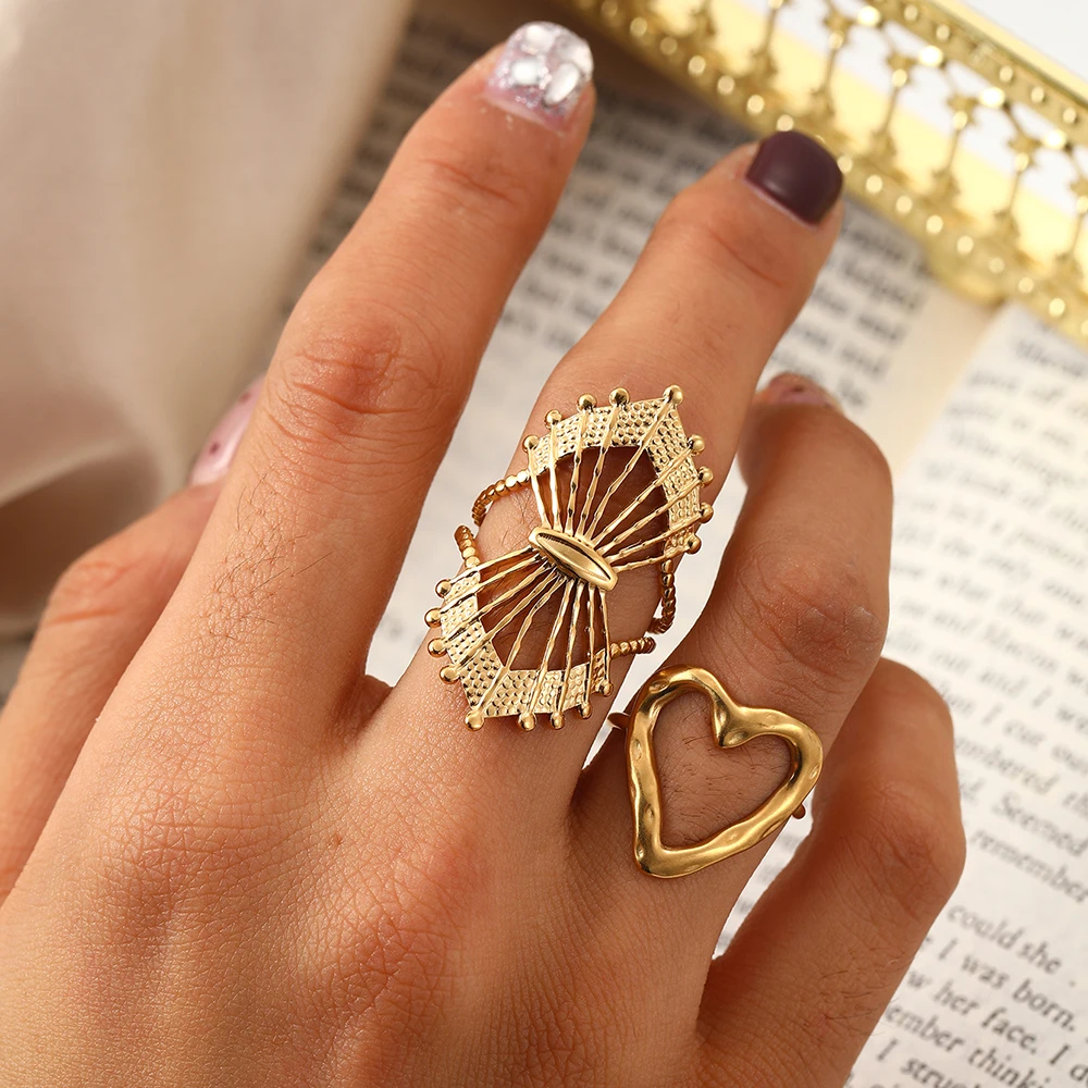 DGIDDK Stainless Steel Openwork Heart-Shaped Ring Set For Women Geometric Fashion Adjustable Finger Jewellery For Everyday Wear