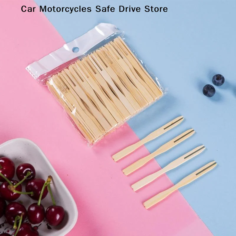 【M】100Pcs Disposable Bamboo Fruit Fork Two Prong Wooden Fruit Picks Sturdy Cocktail Dessert Fork For Party Cake Fruit Serving