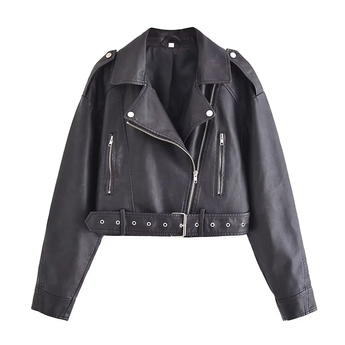 VOLALO-Veste courte en similicuir PU pour femme avec ceinture, manteau de motard rétro, streetwear vintage, fermeture éclair, vêtements d'extérieur pour femme, Y