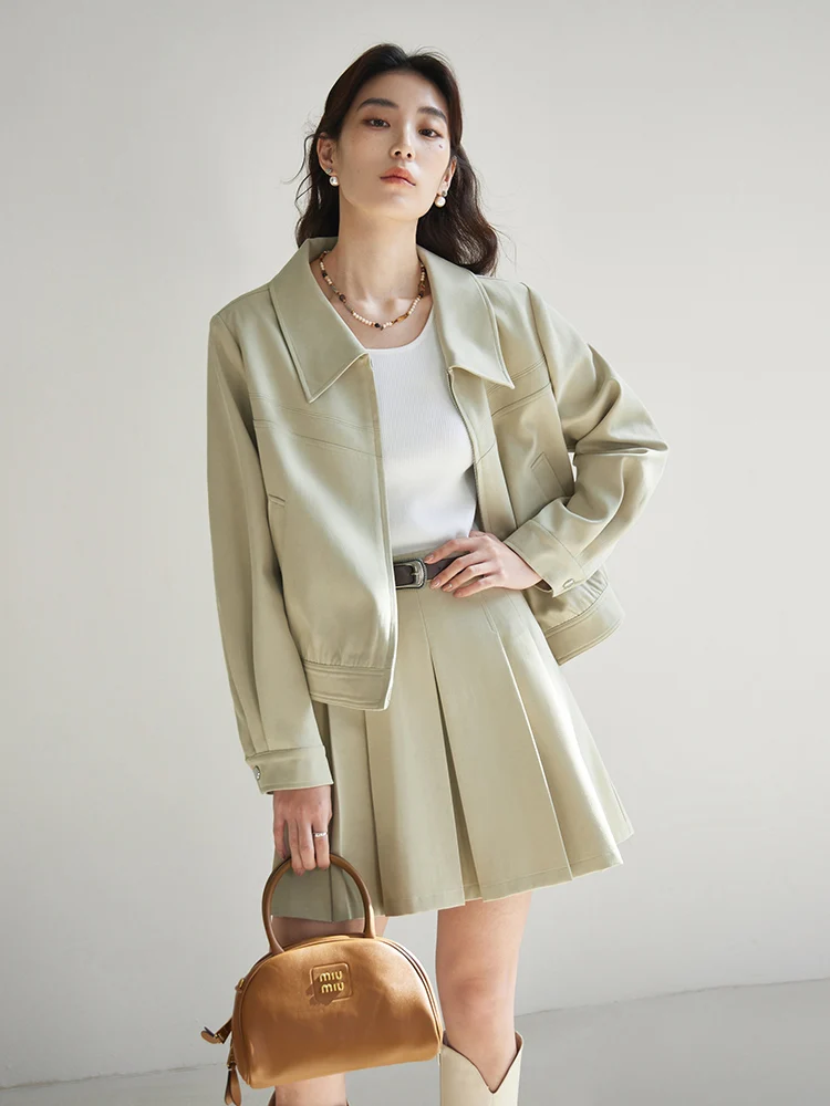 DUSHU Khaki Simple Casual Women Spring Fashion Suit Sets Turn-Down Collar Zipper Placket Short Twill Coats 24DS81131 24DS81191