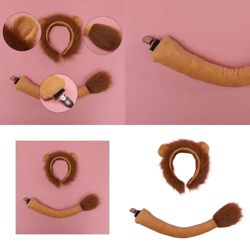 

R1WE Faux Fur Animal Headbands Furry Lion Ears Headwear Tail Set Hair Hoop for Halloween Cosplay Party Supplies