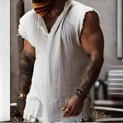 2026 Sommer Herren V-Ausschnitt Einfarbige Weste mit Ausgefransten Kanten Ärmelloses Tanktop Locker Sitzend Vintage Lässige Streetwear Tägliche Mode Oberteile