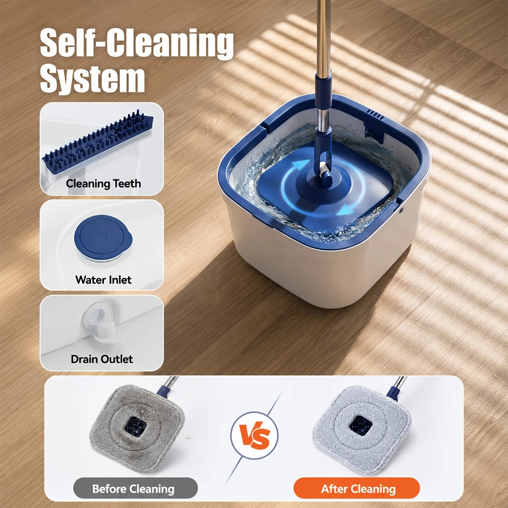 2.6L Separate Bucket Square Mop Set Hands-Free Flat Mop for Wet Dry Mopping, Cleaning Set Ffor Kitchen Bathroom Living Room