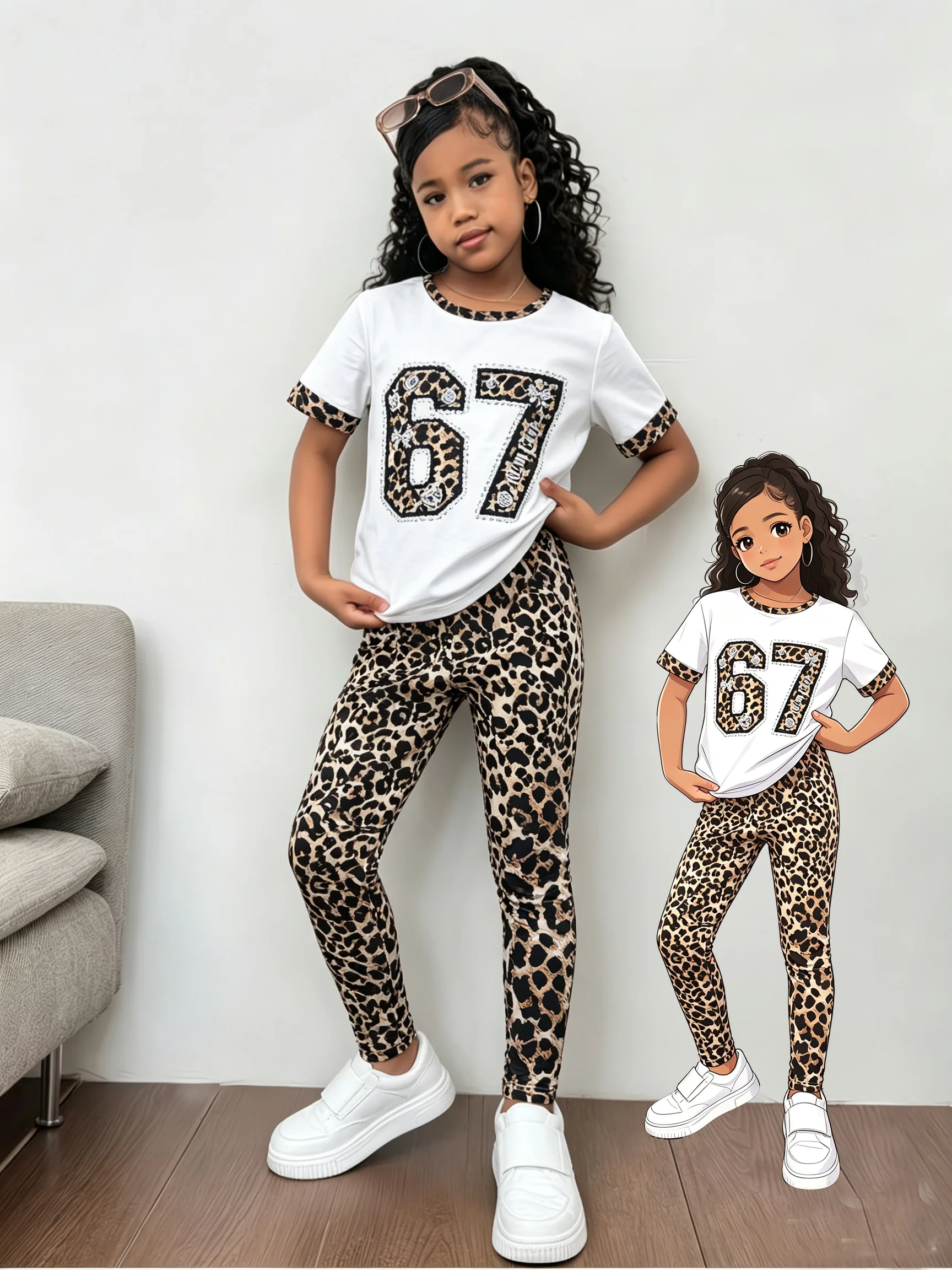 Girls Summer 2Pcs Outfit Number 67 Print Short Sleeve T-shirt + Leopard Print Leggings Kids Casual Fashion Clothes Set For 4-7Y