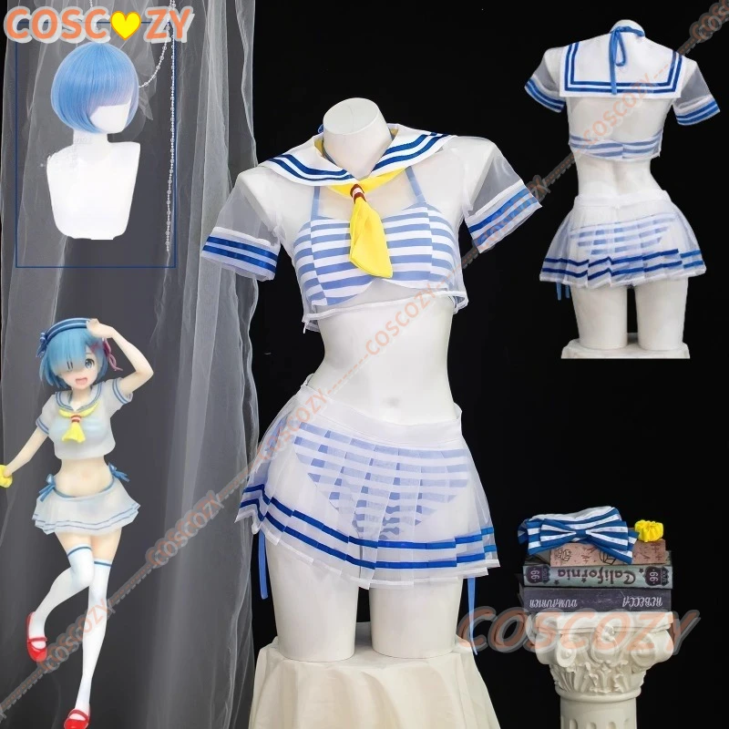 Anime Re: la vie dans un monde différent de zéro Rem Cosplay Costume perruque jour d'été maillot de bain marin Costume femme Sexy plage Bikini
