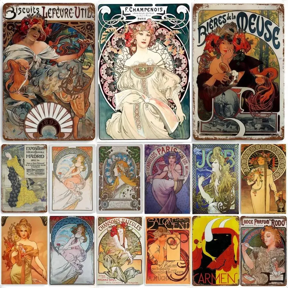 Alphonse Mucha Plakat Pin Up Girls Metalowy Blaszany Znak Artystyczny Malarstwo Dekoracyjne Tabliczki Ścienne Do Baru Kawiarnia Salon Dom Dekoracja