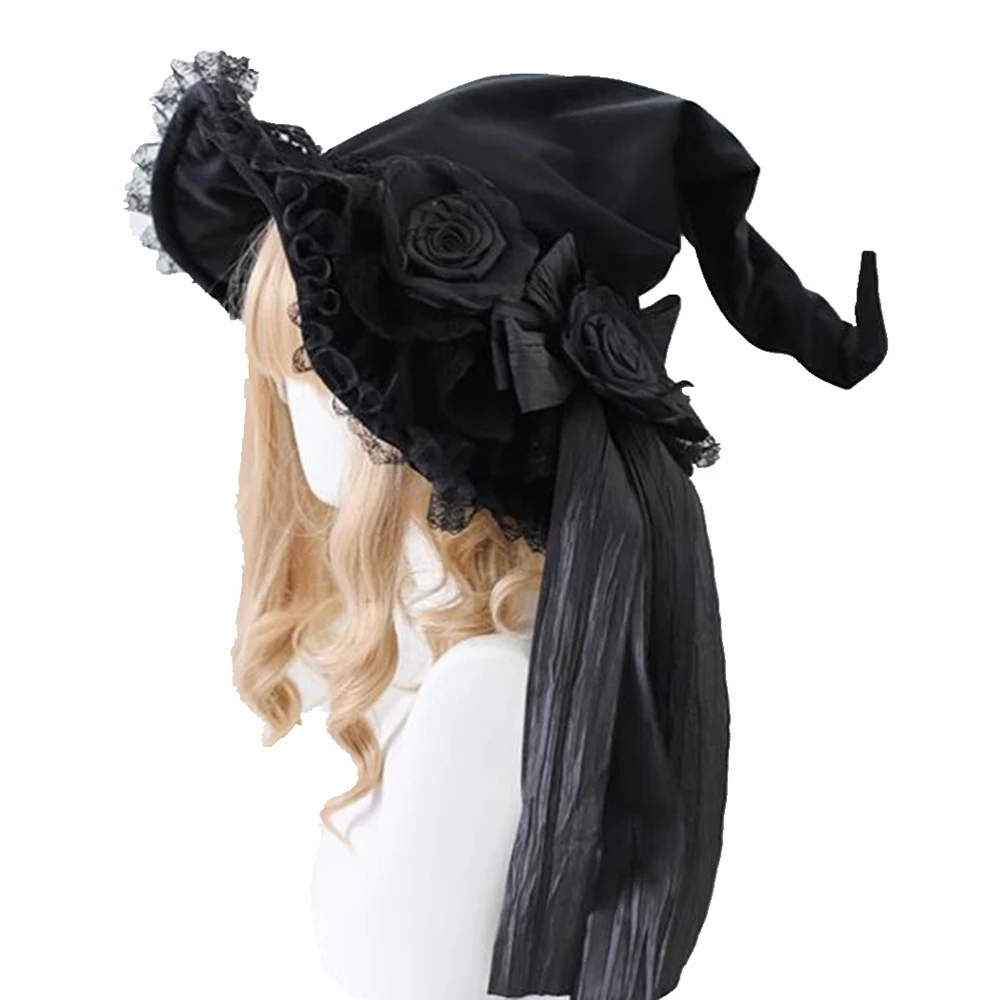 Velvet Witch Hat for Women Black Pointed Cosplay Head Wear