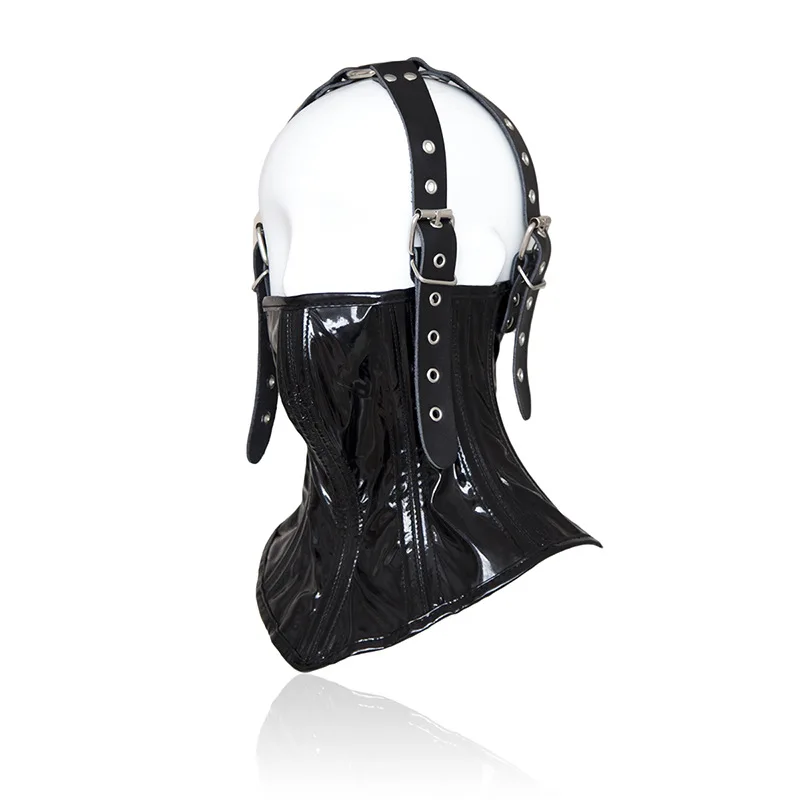 PU Leather Harness Mask Posture Collar with Adjustable Belt Muzzle Erotic Toys Cosplay SM Bondage Restraint