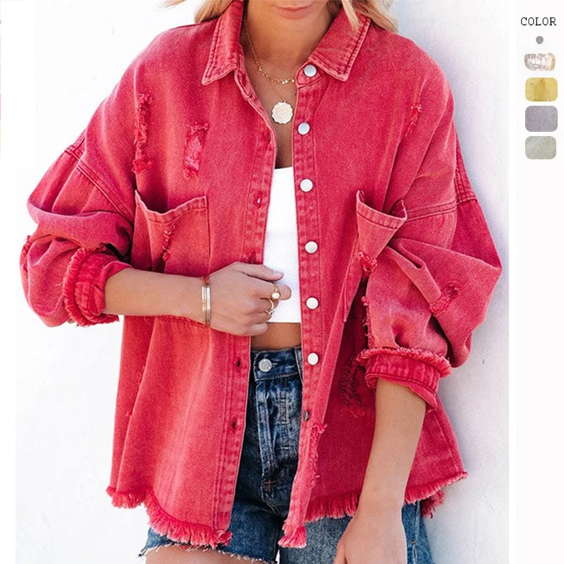 

Trendy American Sle Women's Denim Jaet Long Sve Frayed Hem Hole Design Independent Station New Arrival 2023