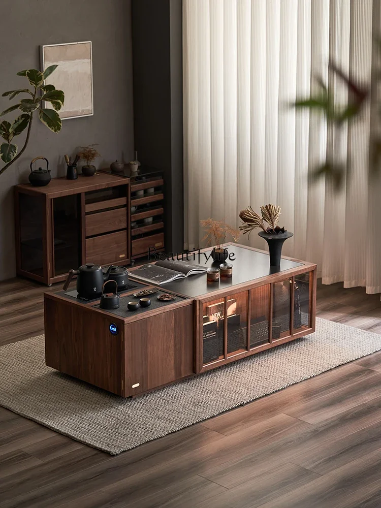 

05-*Black walnut lifting coffee table New Chinese rock slab tea table Integrated table