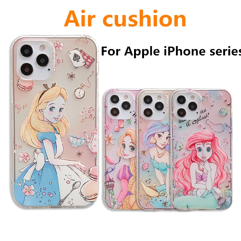 Disney Relief Cartoon Alice Mermaid Tangled Jasmine Princess TPU Air Cushion Cover Phone Case For iPhone 14Plus 13 12 11 Pro Max