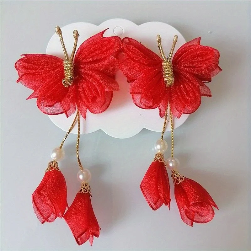 دبوس شعر للأطفال على شكل فراشة دبوس شعر شيفون لؤلؤي بتلات شرابة دبوس شعر للفتيات إكسسوارات شعر للفتيات #5