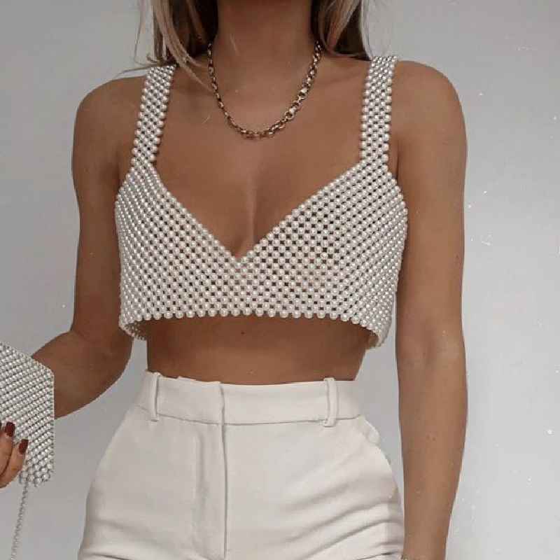 Gaono Elegant Lady Pearl Sexy Crop Top Fishnet Hollow Out Camisole Summer Beach Holiday Cover-ups Women Sleeveless Backless Vest