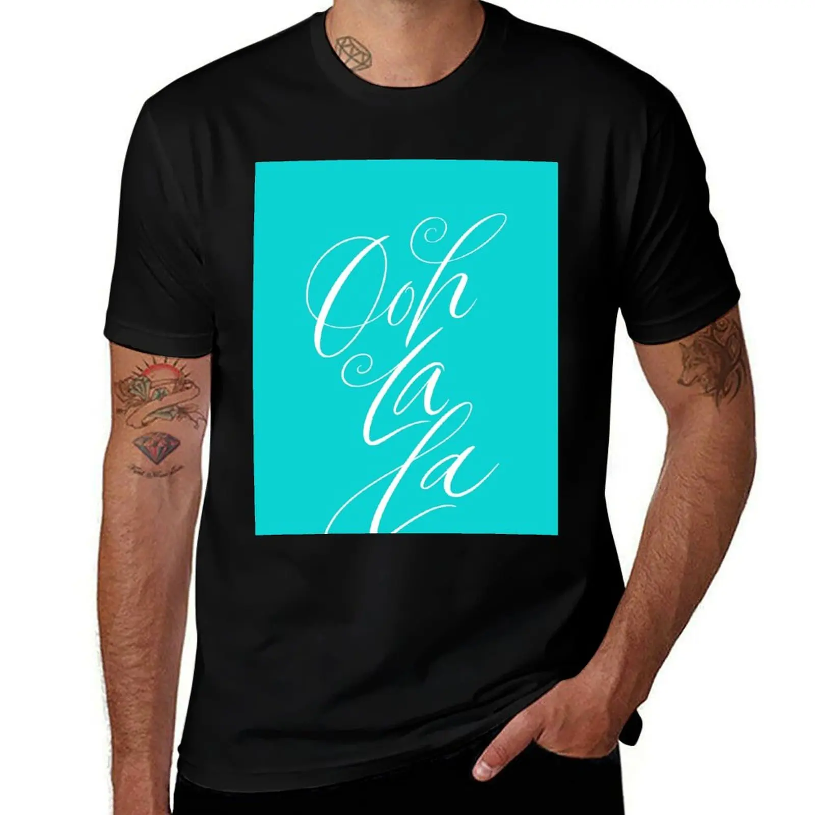 

Ooh La La - Sensuously Elegant White Lettering - Calligraphy - Aqua Teal Blue T-Shirt anime t shirts oversize T-Shirt