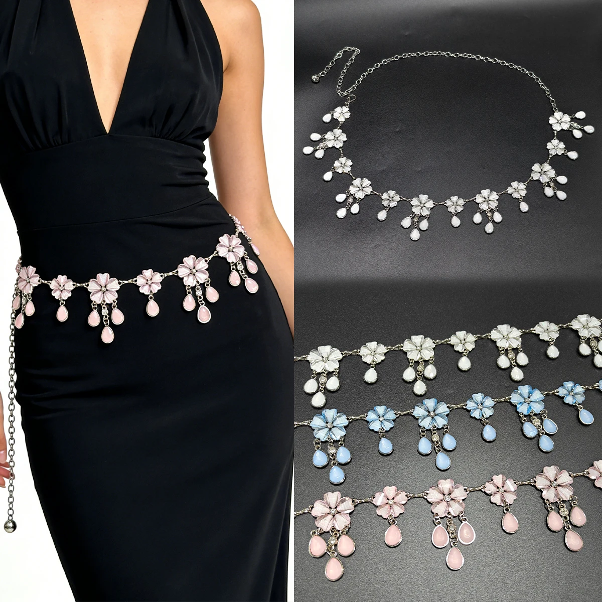 

Jazz Dance Accessories High Quality Waist Chain Belt Flower Pendant Belly Body Chain Jewelry Bohemian Waistband for Ladies Women