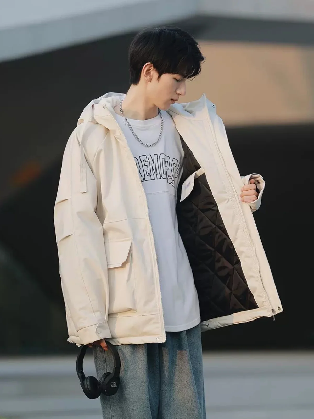 

Thiened Workwear Jaet Men's Winter Cotton Coat Sli Haome Youth Trendy Brand Casual Warm Zipper Closure Hooded