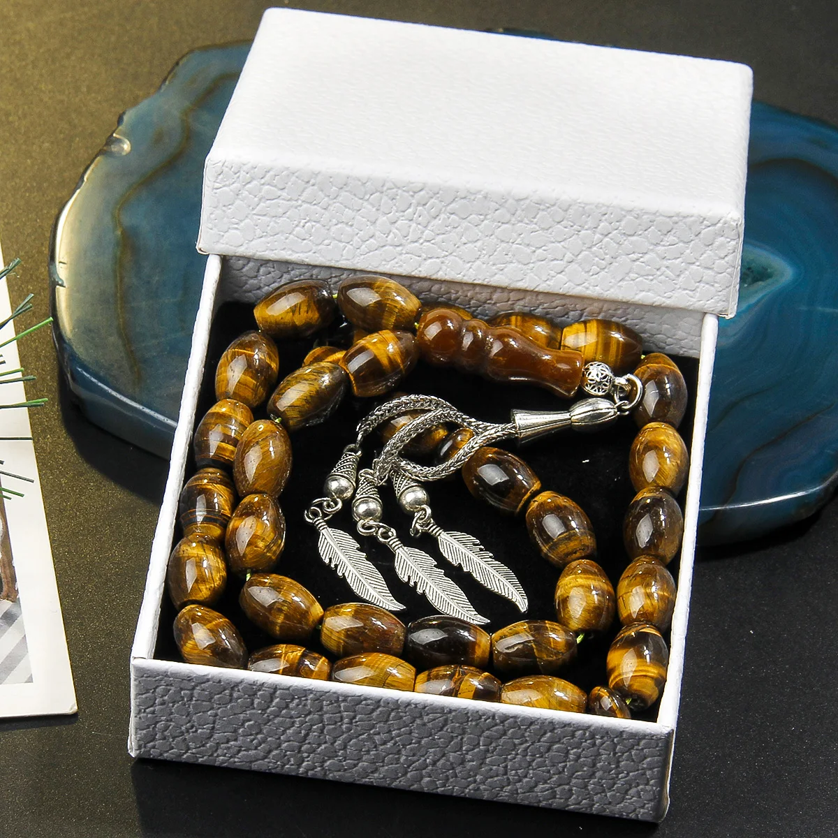 10 * 14mm Tiger Eye Stone Praise Bead Bracelet Prayer Pilgrimage Prayer Bead Bracelet Classic Feather Pendant Bracelet
