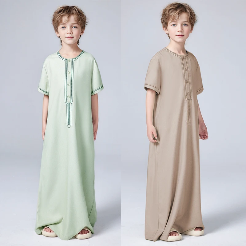 Islam Ramadan Boy Thobe Muslim Kids Clothing Middle East Arab Dubai Malaysian Abaya Embroidered Loose Robe Button-up Shirt