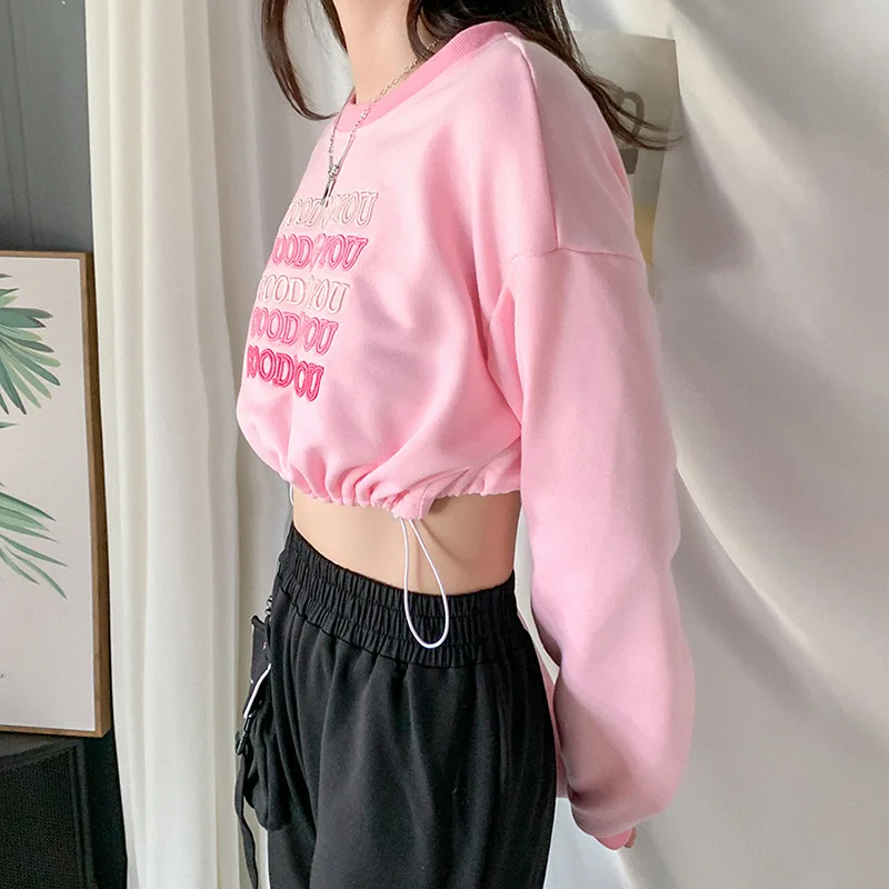 2024 Women Fashion Long Sleeve Sweet Pink Letter Embroidery All-Match Tops Female Fall Stylish Drawstring Crop Top for Ladies