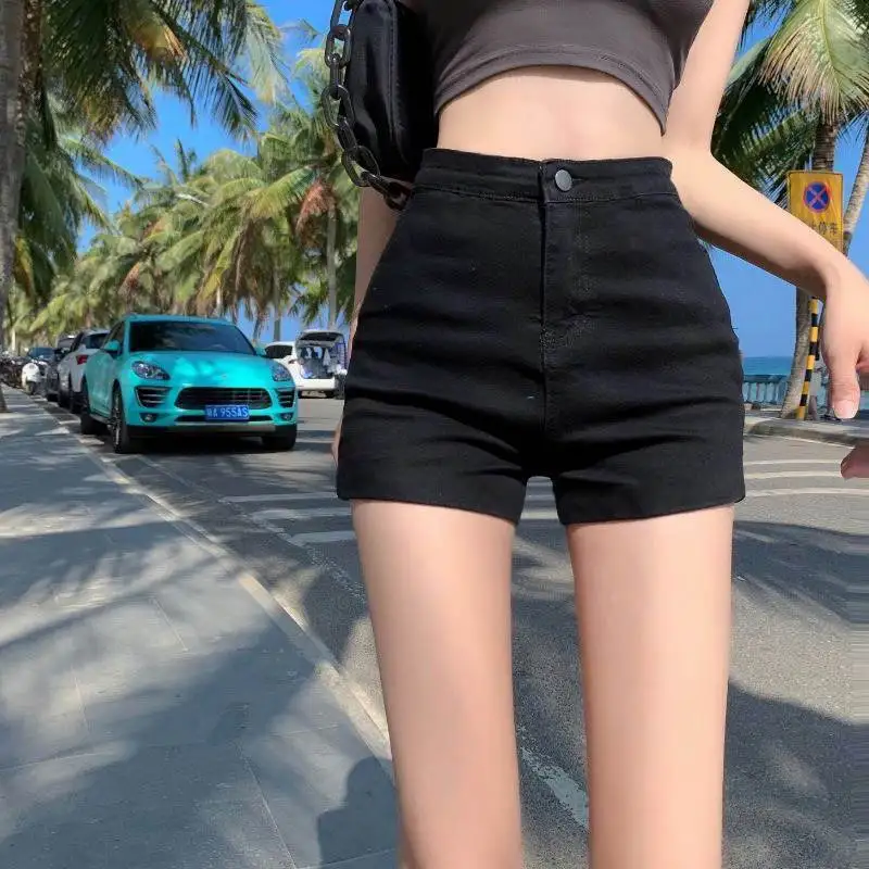 Summer New High Waisted Black Slim Spicy Girl A-line Denim Shorts Women Button Zippered Pocket Elasticity Sexy Buttocks Shorts