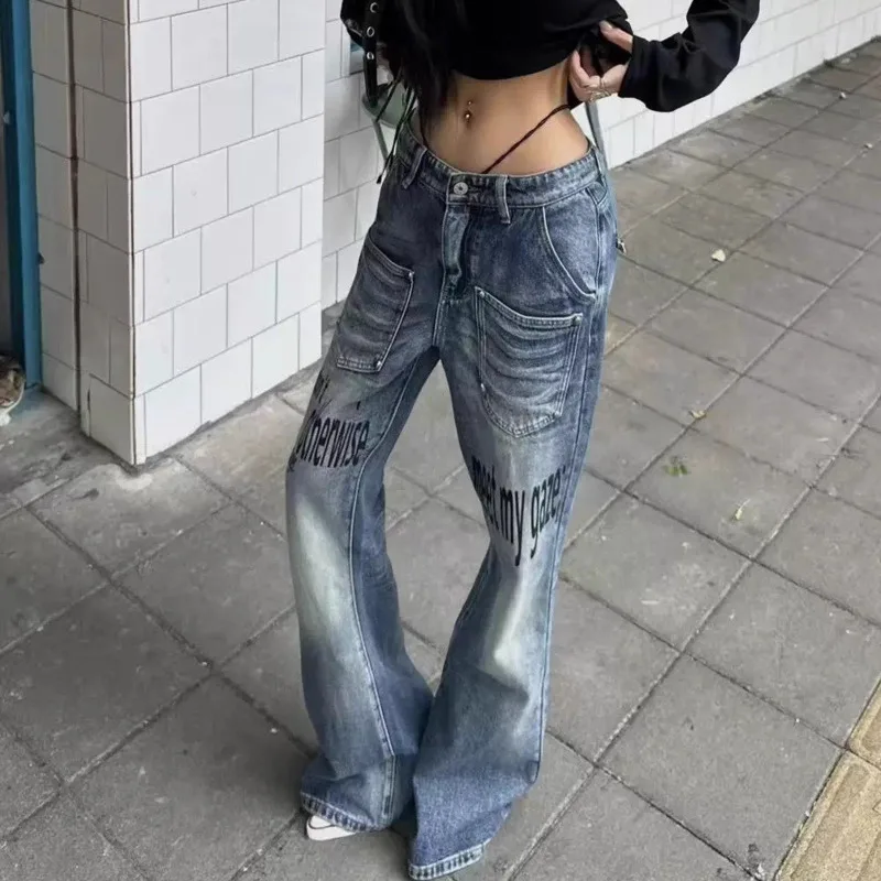 

Rivet Jeans For Men And Women Loose Micro Flared Letter Print Straight Leg Pants Fashionable Personalized Street Casual Style