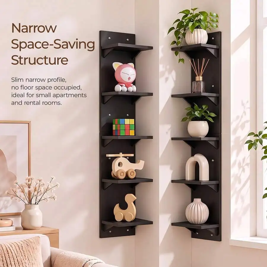 1Pc 5-Tier Narrow Wall Mount Shelf, 5.1 Inch Deep, Anti-Wobble Structure, Space Saving Floating Display Rack, For Bedroom/Living