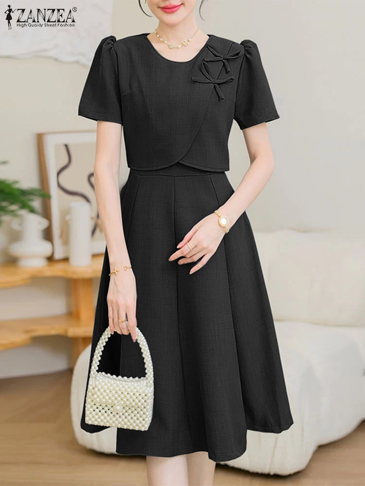 ZANZEA Elegante Frauen OL Arbeitskleider 2025, Sommerkleid, kurze Ärmel, Bögen, Sommerkleid, stilvoll, tailliert, A-Linie, Party, Vestido, Midi-Robe