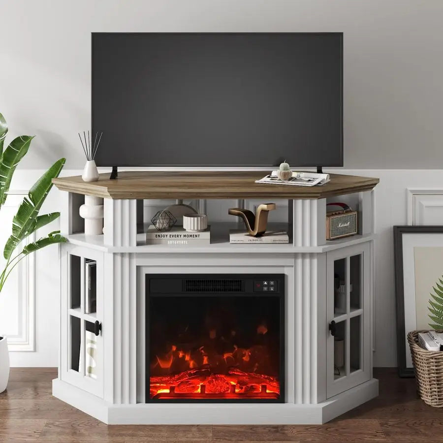 

Corner Fireplace TV Stand for Television up to 55 with Storage Cabinets, Entertainment Center, Media Console for Living Room, Be