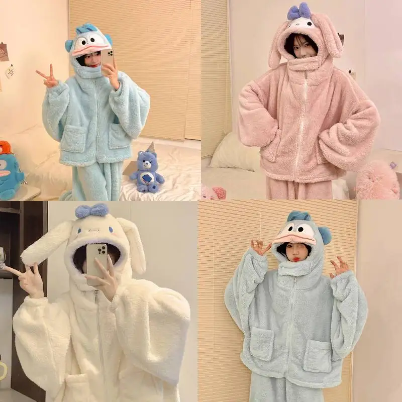 

Sanrio Melody Zipper Pajamas Women's Autumn and Winter Shu Cotton Lint Thickened Cute Cartoon Hooded Loungewear Two-piece Set