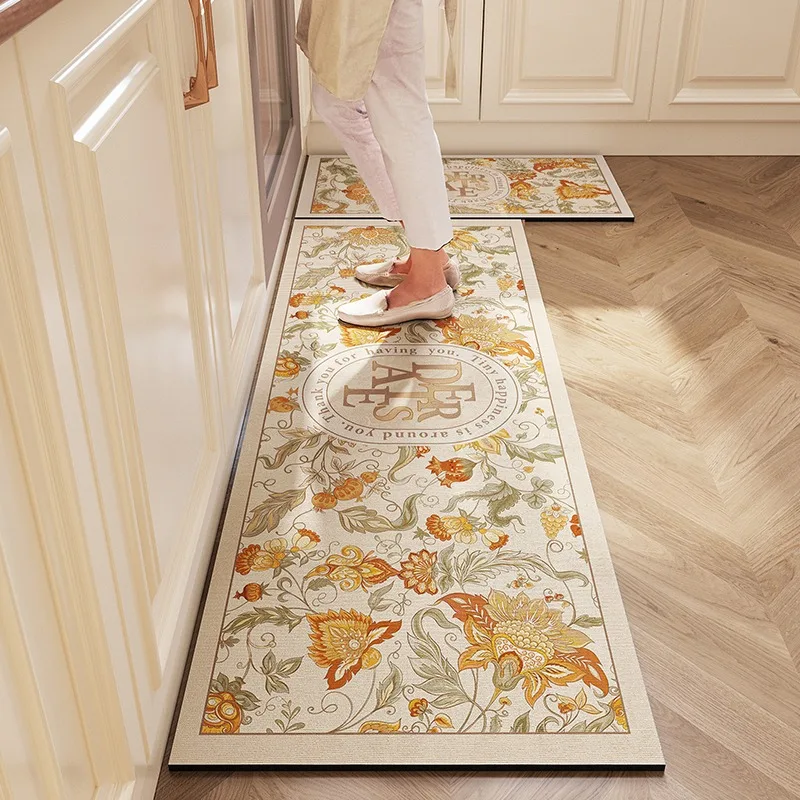 Kitchen Floor Mat Pvc Waterproof Carpet Leather Oil-proof Non-slip Foot Mats Long Rug Spring Plant Flowers Home Decoration Rugs