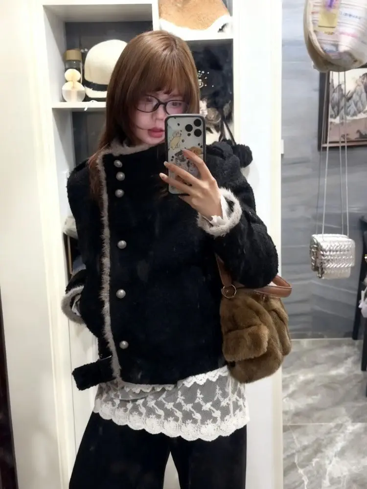 Y2K Harajuku Japanese Vintage Jacket Women Fuzzy White Trim Stand Collar Asymmetrical Placket Loose Fit Unique Design Outerwear