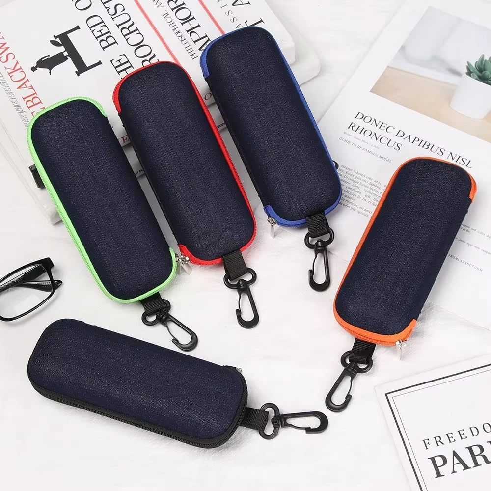 

Fashion Portable Denim Fabric Hard Glasses Box Hanging Buckle Spectacle Case Zipper Eyeglasses Case Eyewear Protector