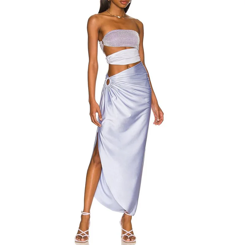 Lilac Soft Focus Color Block Women's Bikini Vibe Resort One-Piece Swimsuit French Elegant Sexy Dress Long Skirt Resort Skirt