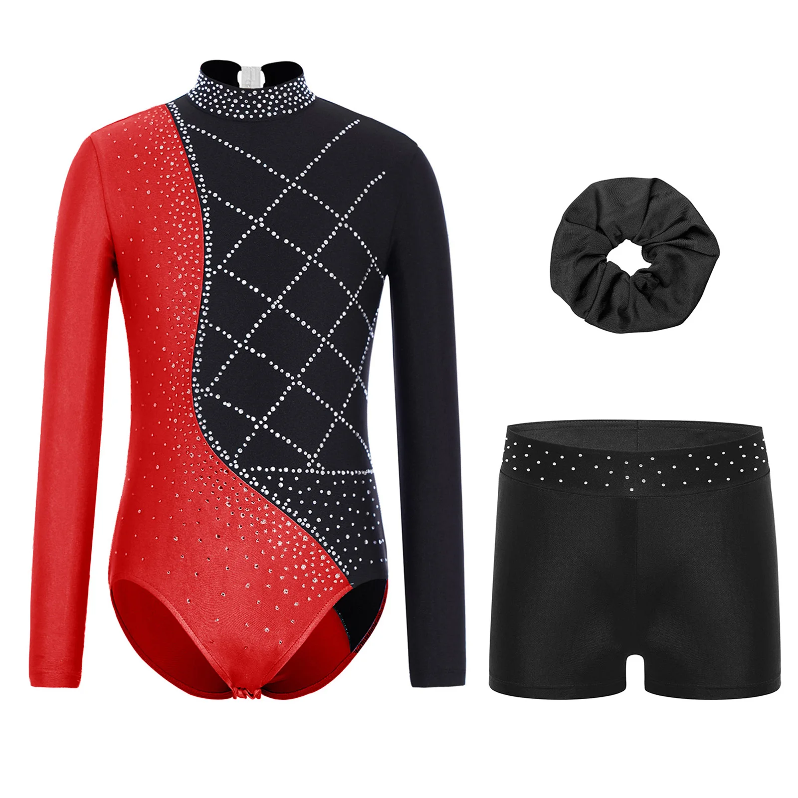 Kids Girls Figure Skating Dance Outfit Long Sleeve Keyhole Back Shiny Rhinestones Color Gymnastics Leotard+Shorts+Hairband Set