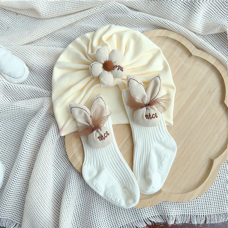 0-12 Monate Baby Neugeborenen Turban Kappe Socken Set Nette Blume Prinzessin Mädchen Indische Kappen Cartoon Kaninchen Ohren Baumwolle socken Kinder Sokken