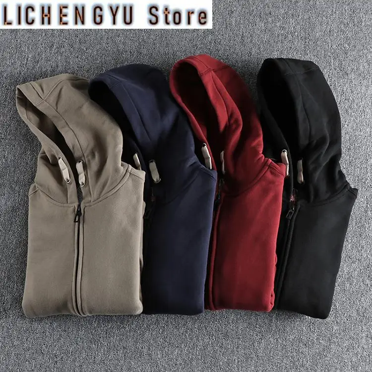 

Autumn Winter American Retro Heavyweight Long Sleeved Hooded Hoodies Men's Fashion Thickened Velvet Casual Cardigan Sweatshirts
