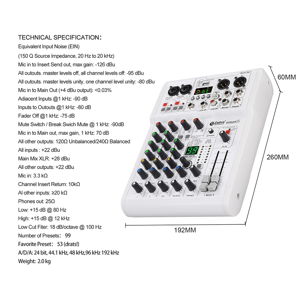 Pro 6-Channel Stereo Audio Console 99DSP USB Bluetooth 48V Sound Card Noise Cancelling Feature PC Phone Wireless Communication