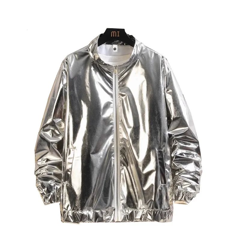 Golden Men's Long Sleeve Jacket, Round Neck Zipper Control Coat, Silver Suitable for Casual Tops, Great for Stage Performance.