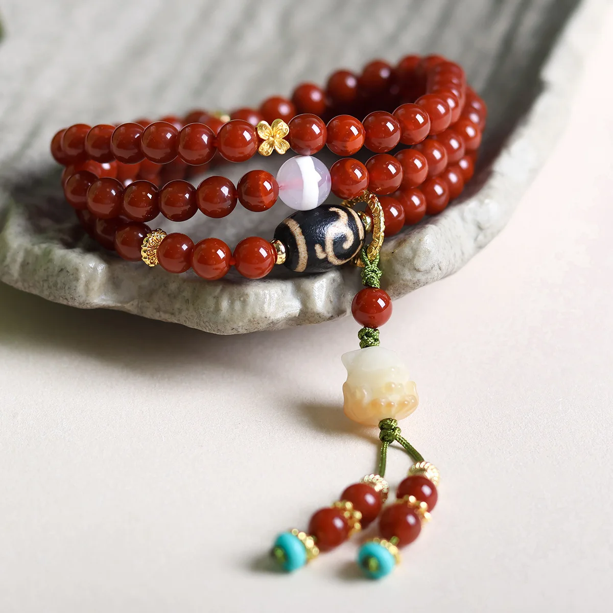 Three Circle South Red Agate Bracelet Bodhi Root Nine Tailed Fox Tibetan Style Ruyi Dzi Bead Bracelet Jewelry for Women Gifts
