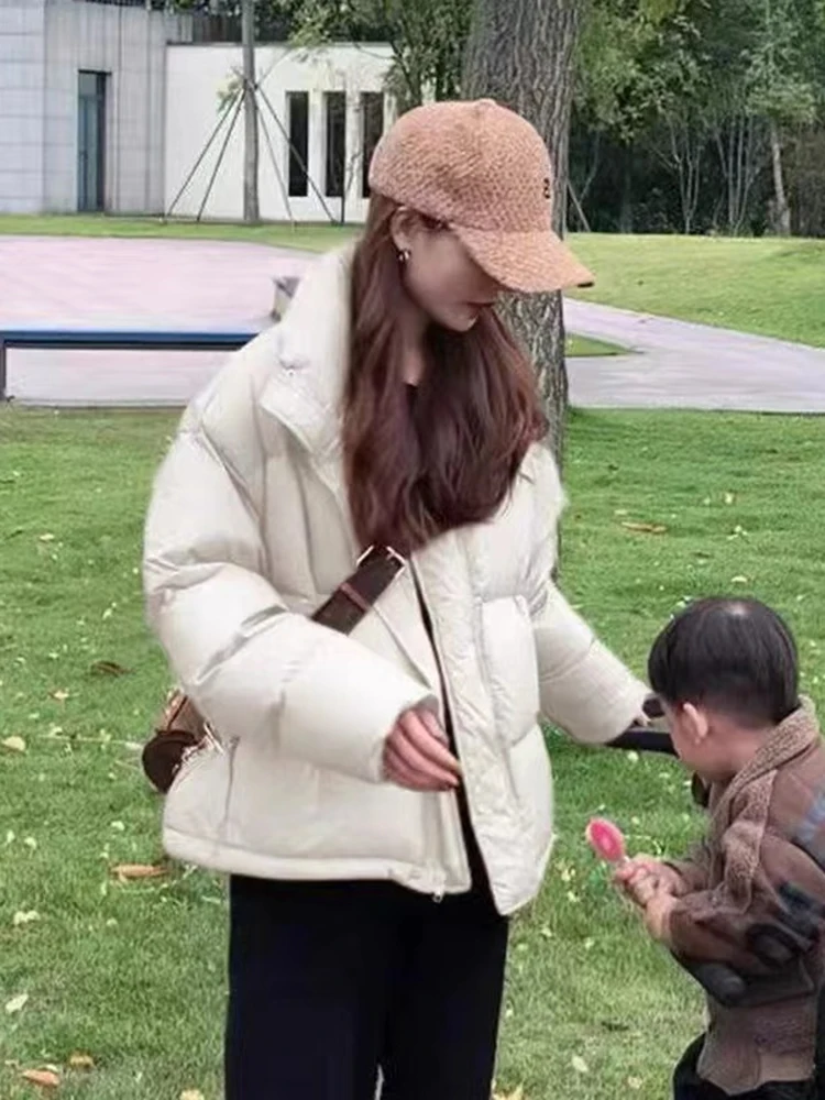 

ort Thiened Cotton Jaet Women's Korean Sle Bread Coat Stand Collar Zipper Closure Regular Sve Long Sve Pure Color