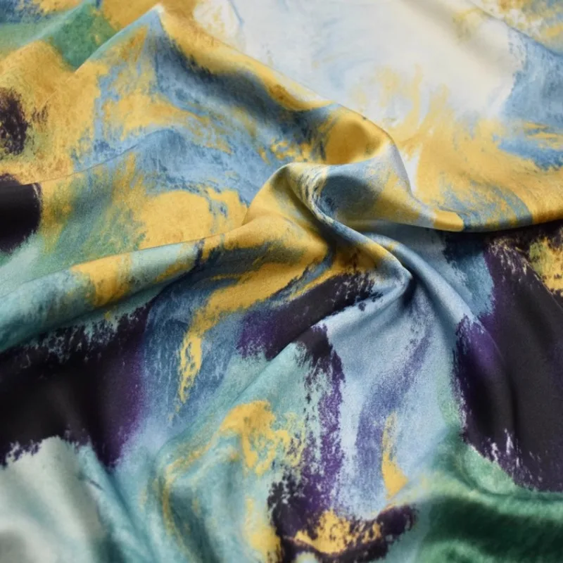 150x50cm Retro Blue-pink Ink Wash Silk Chiffon Fabric Advanced Blend Printing for Sleepwear Skirts Qipao DIY Projects