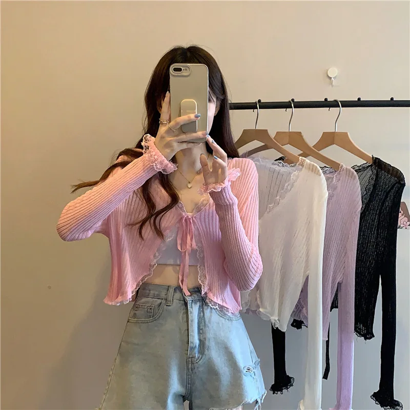 Lace Frenulum V-neck Women's Sunscreen Cardigan Knitted T-shirt Slim Fit Shirt Long Sleeved Ice Silk Top Youth Elegant