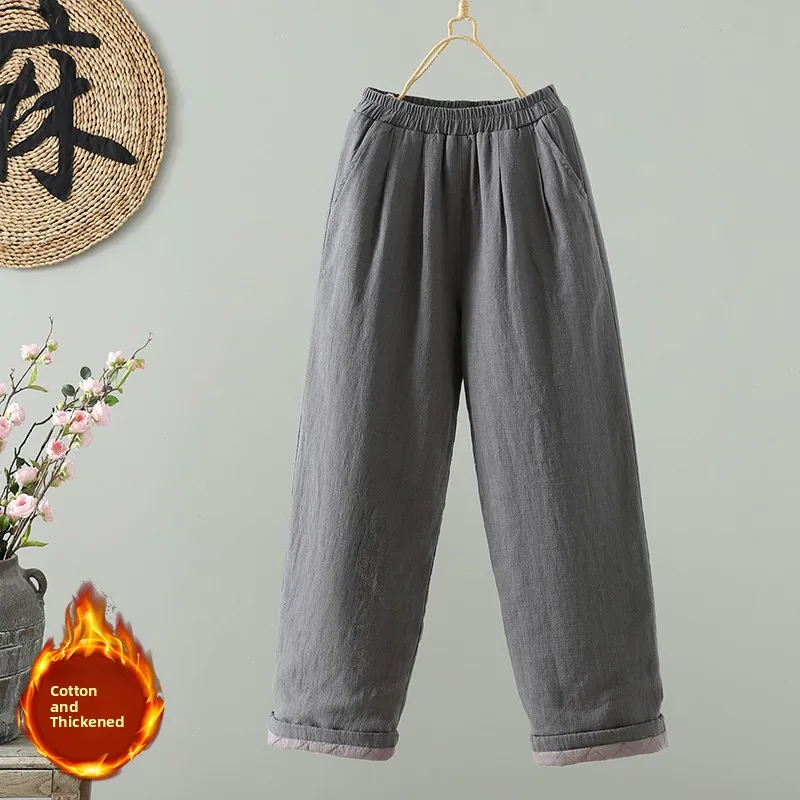عارضة القطن الكتان مستقيم الساق السراويل رقيقة الدافئة التخسيس ملابس خارجية المرأة واسعة الساق السراويل عالية الخصر السراويل الطويلة