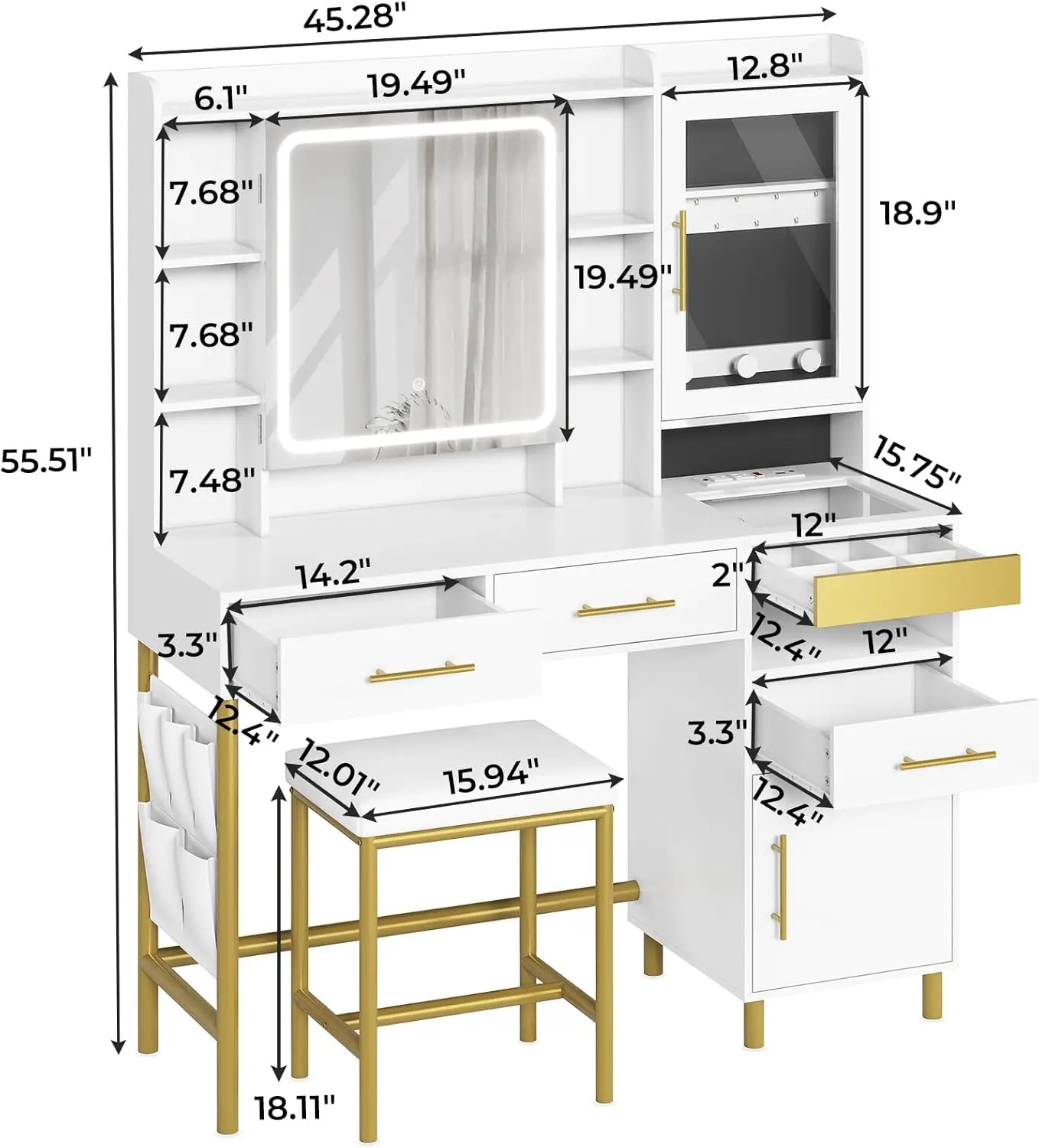 AOGLLATI Makeup Vanity with Lights and Jewelry Cabinet, Vanity Desk with Mirror and Lights, White Vanity Table with Charging