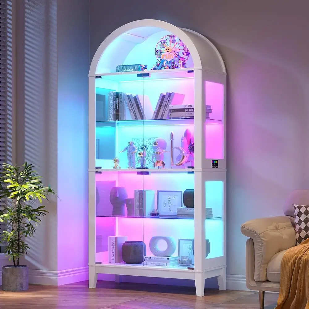 69 Tall 5-Tier Tempered Glass LED RGB Lighted Display Cabinet, Floor Standing White Bookcase for Living Room