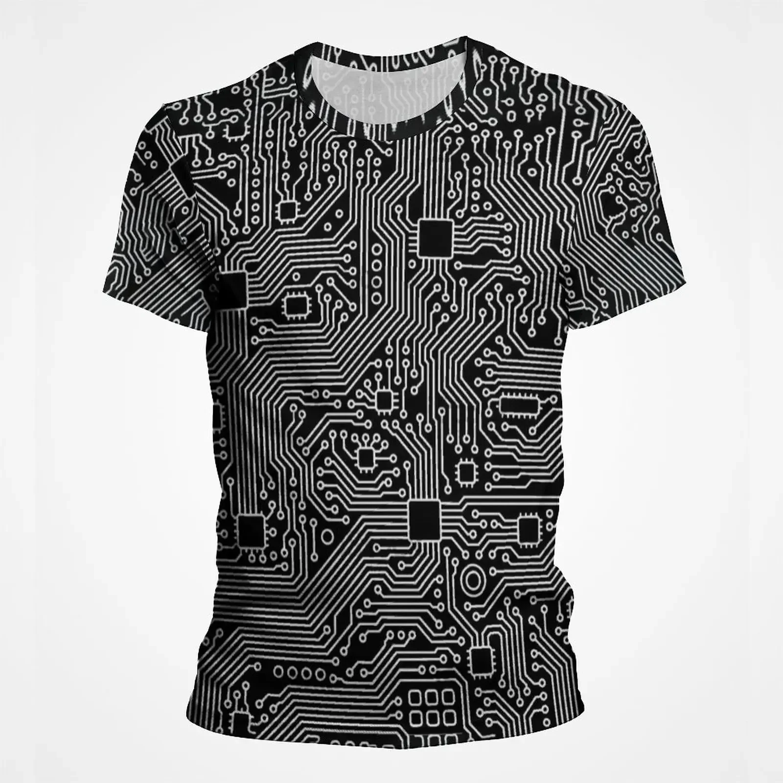 Herren-T-Shirt mit 3D-Leiterplatten-Motiv, realistisches elektronisches Chip-Motherboard-Muster, Kurzarm-T-Shirt im Technologie-Stil, Street-Top – Detail 14