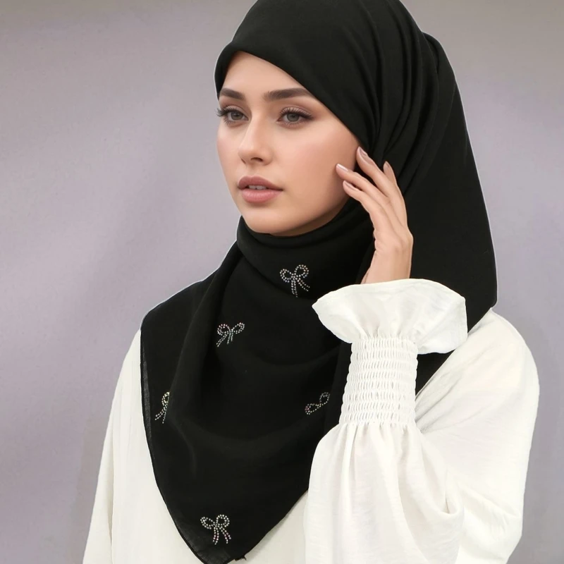 풀 쉬머 보우 라인스톤 스퀘어 스카프 여성용 부드러운 코튼 보일 히잡 무슬림 솔리드 플레인 인스턴트 히잡 헤드스카프 110*110cm