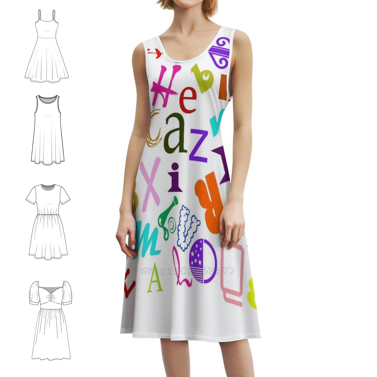 

Богемное платье без рукавов с алфавитным супом и несколькими принтами, пляжное праздничное платье для отдыха, алфавитный суп, буквы алфавита, обучение женщин